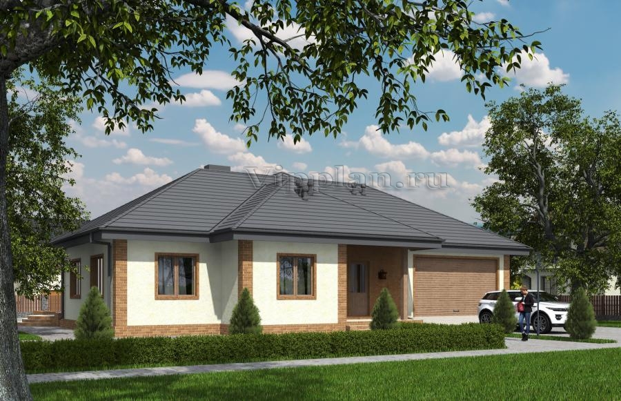 Проект индивидуального одноэтажного жилого дома с террасой и гаражом